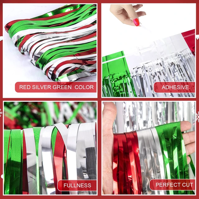 Alt view image 3 of 7 - Christmas 3.3 x 6.6ft Foil Fringe Curtains Red Silver Green 5 Pack Tinsel Metallic, Photobooth Props Backdrop, Christmas Party Decorations, For Christmas in July, New Year, Ugly Sweater Party