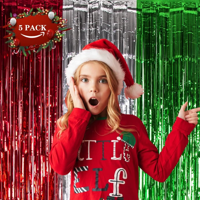 Alt view image 2 of 7 - Christmas 3.3 x 6.6ft Foil Fringe Curtains Red Silver Green 5 Pack Tinsel Metallic, Photobooth Props Backdrop, Christmas Party Decorations, For Christmas in July, New Year, Ugly Sweater Party