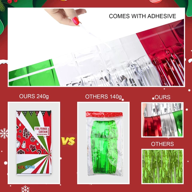 Alt view image 5 of 7 - Christmas 3.3 x 6.6ft Foil Fringe Curtains Red Silver Green 5 Pack Tinsel Metallic, Photobooth Props Backdrop, Christmas Party Decorations, For Christmas in July, New Year, Ugly Sweater Party