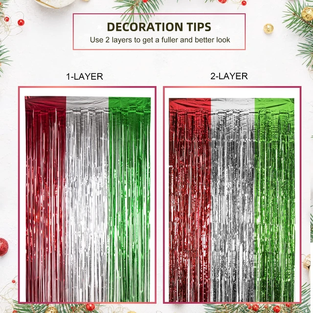 Alt view image 7 of 7 - Christmas 3.3 x 6.6ft Foil Fringe Curtains Red Silver Green 5 Pack Tinsel Metallic, Photobooth Props Backdrop, Christmas Party Decorations, For Christmas in July, New Year, Ugly Sweater Party