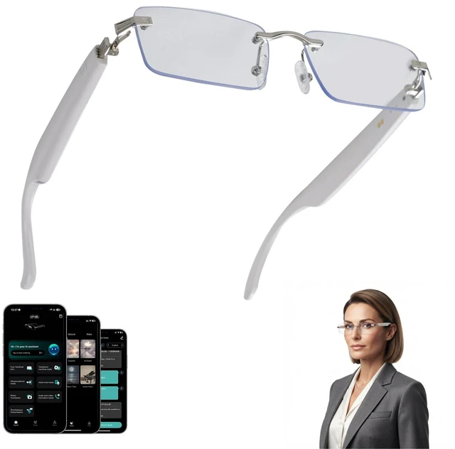 Main image of AI Translation Glasses with 164 Languages, Rimless Bluetooth Audio, Silver 164-Language Real-Time Translation, Smart Speakers, Voice Assistant, Rimless Design for Travel, Work & Study