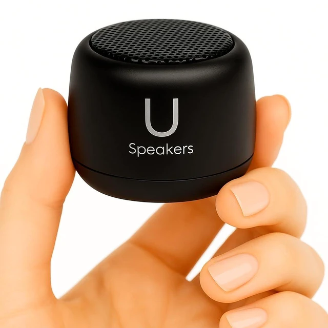 Main image of U Micro, Mini Bluetooth Speaker with Mic, Portable, Black mini bluetooth speaker, coin sized, rechargeable, TWS pairing, mic, selfie remote