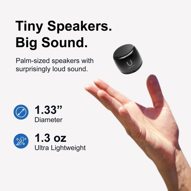 Alt view image 3 of 7 - U Micro, Mini Bluetooth Speaker with Mic, Portable, Black mini bluetooth speaker, coin sized, rechargeable, TWS pairing, mic, selfie remote