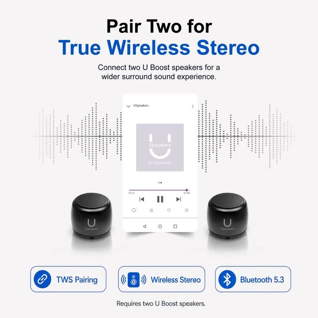 Alt view image 4 of 7 - U Micro, Mini Bluetooth Speaker with Mic, Portable, Black mini bluetooth speaker, coin sized, rechargeable, TWS pairing, mic, selfie remote