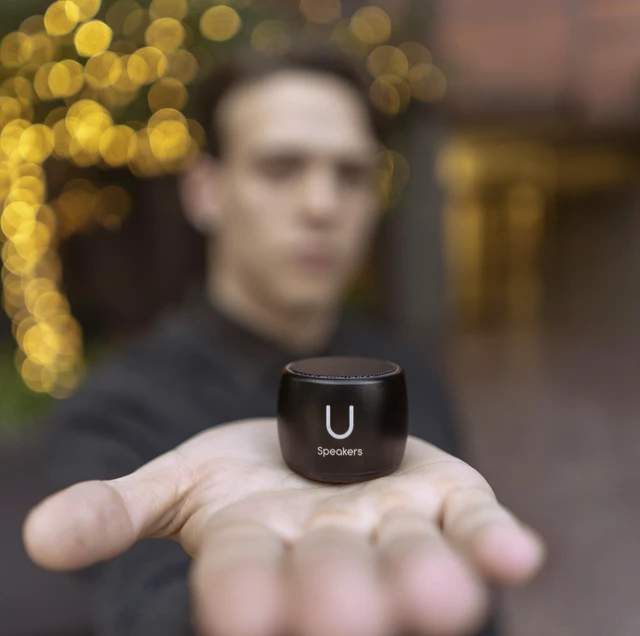 Alt view image 2 of 7 - U Micro, Mini Bluetooth Speaker with Mic, Portable, Black mini bluetooth speaker, coin sized, rechargeable, TWS pairing, mic, selfie remote