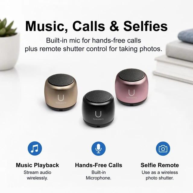 Alt view image 6 of 7 - U Micro, Mini Bluetooth Speaker with Mic, Portable, Black mini bluetooth speaker, coin sized, rechargeable, TWS pairing, mic, selfie remote