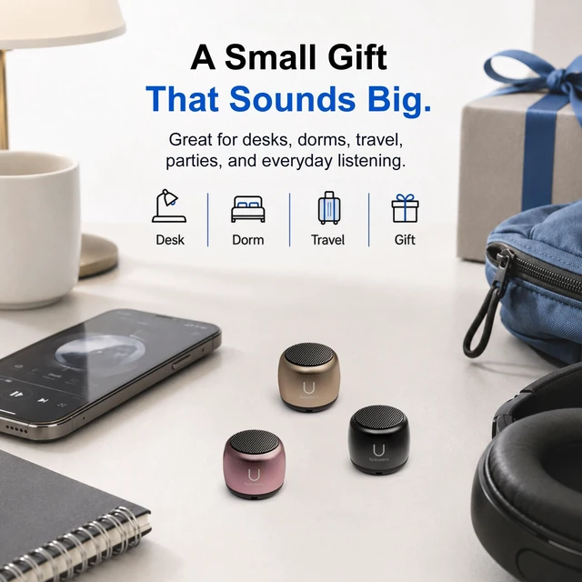 Alt view image 5 of 7 - U Micro, Mini Bluetooth Speaker with Mic, Portable, Black mini bluetooth speaker, coin sized, rechargeable, TWS pairing, mic, selfie remote