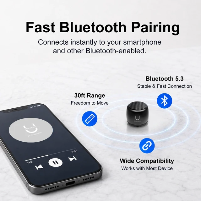 Alt view image 7 of 7 - U Micro, Mini Bluetooth Speaker with Mic, Portable, Black mini bluetooth speaker, coin sized, rechargeable, TWS pairing, mic, selfie remote