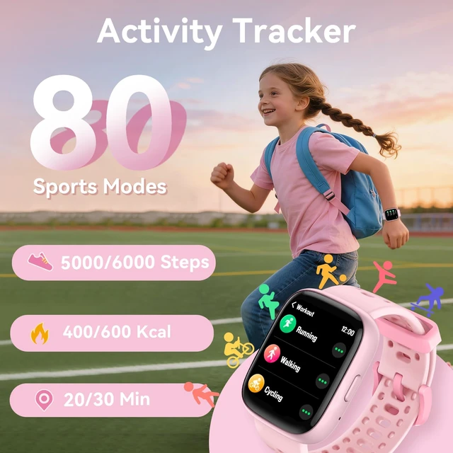 Alt view image 2 of 7 - Kids Smart Watch with Find My, 1.83" Fitness Tracker Watch No Phone Needed Pedometer, Heart Rate, Sleep Monitor, Step Counter, IP68, Puzzle Games for Boys Girls Teens 5-16, Gift, Pink