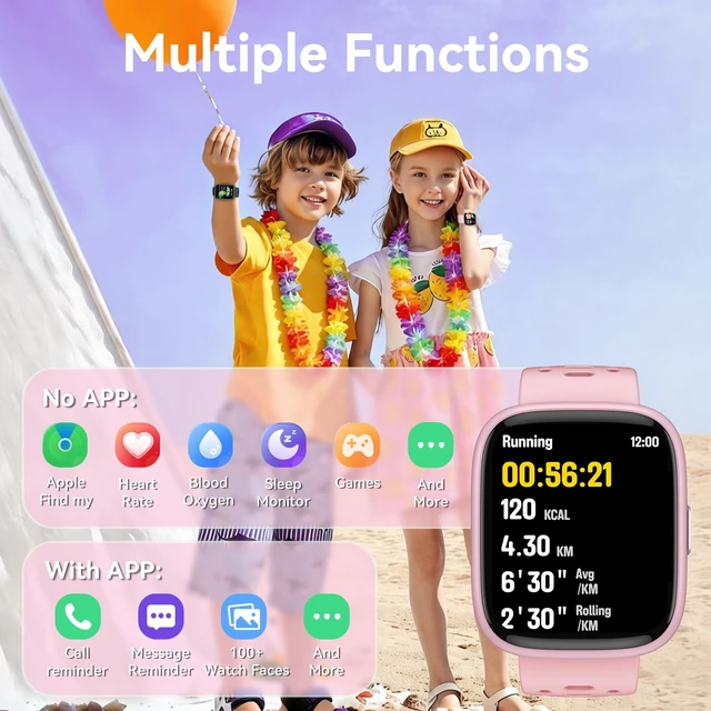 Alt view image 3 of 7 - Kids Smart Watch with Find My, 1.83" Fitness Tracker Watch No Phone Needed Pedometer, Heart Rate, Sleep Monitor, Step Counter, IP68, Puzzle Games for Boys Girls Teens 5-16, Gift, Pink