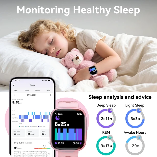 Alt view image 4 of 7 - Kids Smart Watch with Find My, 1.83" Fitness Tracker Watch No Phone Needed Pedometer, Heart Rate, Sleep Monitor, Step Counter, IP68, Puzzle Games for Boys Girls Teens 5-16, Gift, Pink