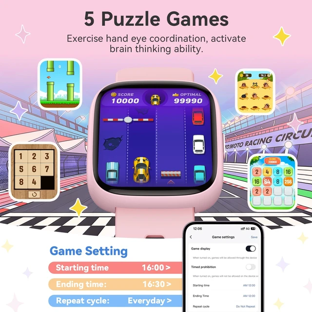 Alt view image 6 of 7 - Kids Smart Watch with Find My, 1.83" Fitness Tracker Watch No Phone Needed Pedometer, Heart Rate, Sleep Monitor, Step Counter, IP68, Puzzle Games for Boys Girls Teens 5-16, Gift, Pink