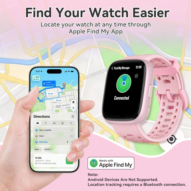 Alt view image 7 of 7 - Kids Smart Watch with Find My, 1.83" Fitness Tracker Watch No Phone Needed Pedometer, Heart Rate, Sleep Monitor, Step Counter, IP68, Puzzle Games for Boys Girls Teens 5-16, Gift, Pink