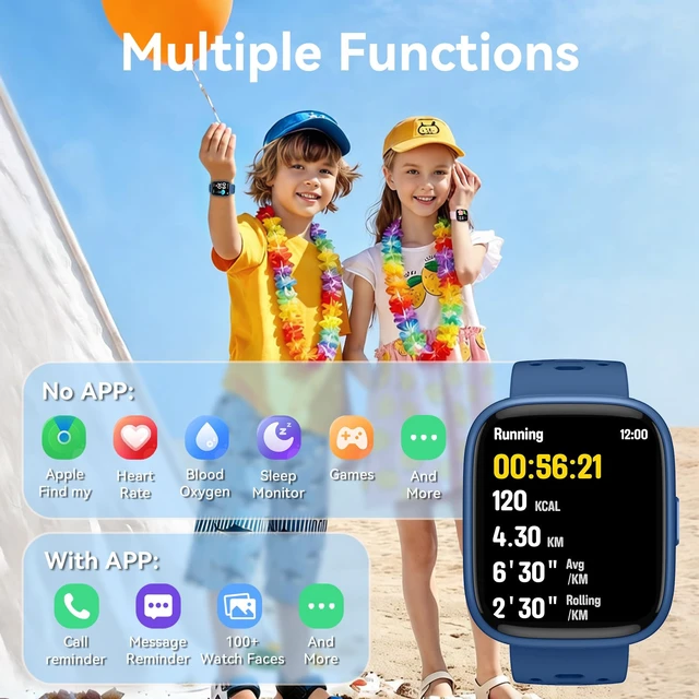 Alt view image 3 of 7 - Kids Smart Watch with Find My, 1.83" Fitness Tracker Watch No Phone Needed Pedometer, Heart Rate, Sleep Monitor, Step Counter, IP68, Puzzle Games for Boys Girls Teens 5-16, Gift, Blue