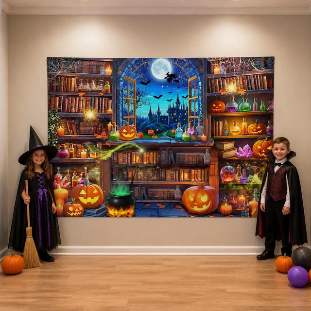 Alt view image 2 of 7 - Halloween Magic Photography Backdrop Halloween Window Bookshelf Background 10X8FT Halloween Pumpkin Backdrop,Witch Spooky Castle Banner, Kids Adults Hallowmas Magic Party Decorations Photo Props