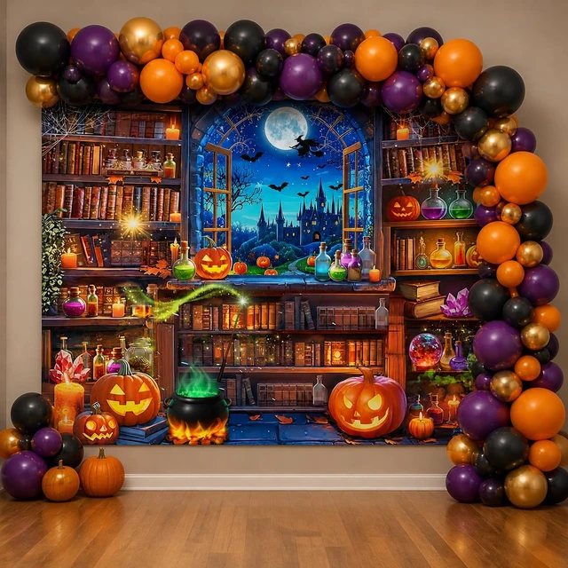 Alt view image 3 of 7 - Halloween Magic Photography Backdrop Halloween Window Bookshelf Background 10X8FT Halloween Pumpkin Backdrop,Witch Spooky Castle Banner, Kids Adults Hallowmas Magic Party Decorations Photo Props