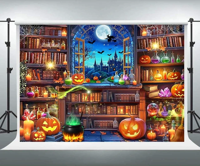 Alt view image 5 of 7 - Halloween Magic Photography Backdrop Halloween Window Bookshelf Banner 8x6FT Halloween Pumpkin Background,Witch Spooky Castle Banner, Kids Adults Hallowmas Magic Party Decorations Supplies