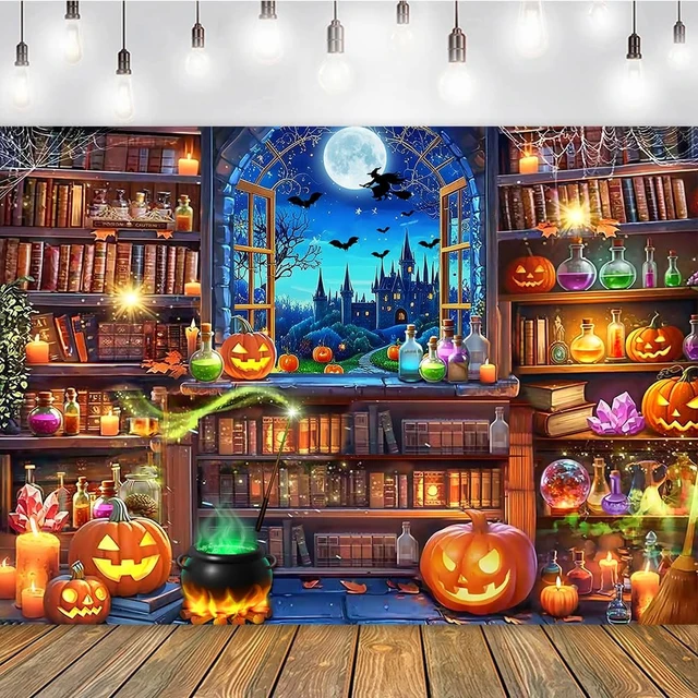 Alt view image 6 of 7 - Halloween Magic Photography Backdrop Halloween Window Bookshelf Background 10X8FT Halloween Pumpkin Backdrop,Witch Spooky Castle Banner, Kids Adults Hallowmas Magic Party Decorations Photo Props