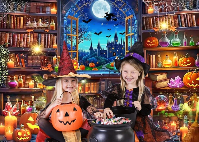 Alt view image 4 of 7 - Halloween Magic Photography Backdrop Halloween Window Bookshelf Background 10X8FT Halloween Pumpkin Backdrop,Witch Spooky Castle Banner, Kids Adults Hallowmas Magic Party Decorations Photo Props