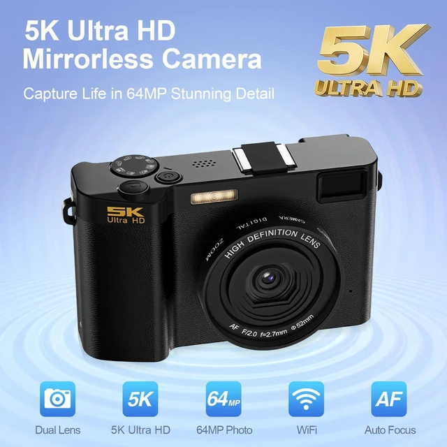 Alt view image 2 of 7 - 5K 64MP Dual Lens Digital Camera Autofocus 18X Zoom WiFi HDCF01 3.0" IPS Screen, LED Fill Light, USBC Charging, 2 Rechargeable Batteries, 64GB Memory Card small camera