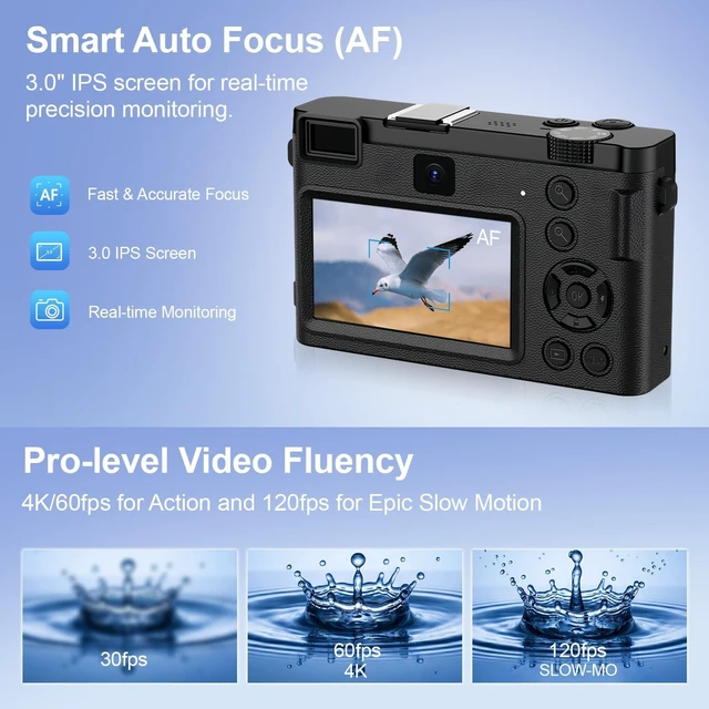 Alt view image 3 of 7 - 5K 64MP Dual Lens Digital Camera Autofocus 18X Zoom WiFi HDCF01 3.0" IPS Screen, LED Fill Light, USBC Charging, 2 Rechargeable Batteries, 64GB Memory Card small camera