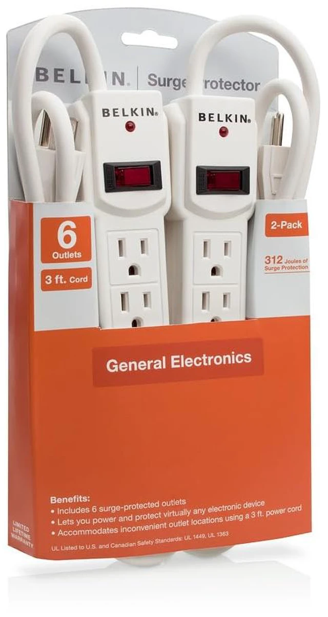 Main image of Power Strip Surge Protector - 6 AC Multiple Outlets, 2 ft Long Heavy Duty Metal Extension Cord for Home, Office, Travel, Computer Desktop & Phone Charging Brick - 200 Joules, White (2 Pack)