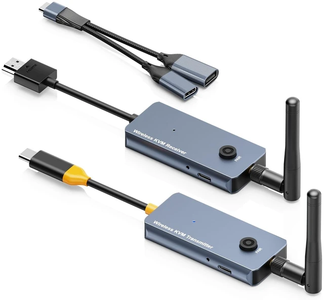 Main image of 650Ft/200M Wireless USB-C to HDMI KVM Transmitter and Receiver Kit 1080P@60Hz Wireless KVM Long-Range USB Extender Support Screen Streaming & Keyboard/Mouse Signal Extension, PD100W Fast Charging