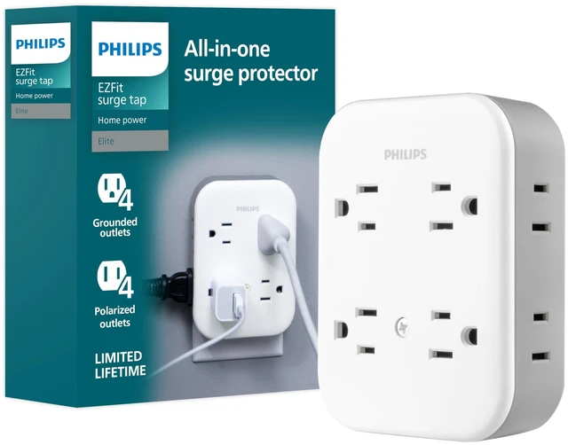 Main image of Surge Protector Outlet Extender, 8 Outlet Wide-Spaced, Side Access 3 Prong, 2 Prong, 1140 Joules, Multi Plug Wall Splitter, Power Tap, Electrical Expander, Adapter, Home, Office, ETL Listed