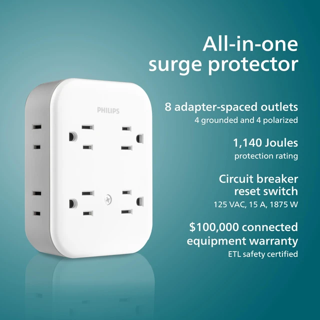 Alt view image 3 of 7 - Surge Protector Outlet Extender, 8 Outlet Wide-Spaced, Side Access 3 Prong, 2 Prong, 1140 Joules, Multi Plug Wall Splitter, Power Tap, Electrical Expander, Adapter, Home, Office, ETL Listed