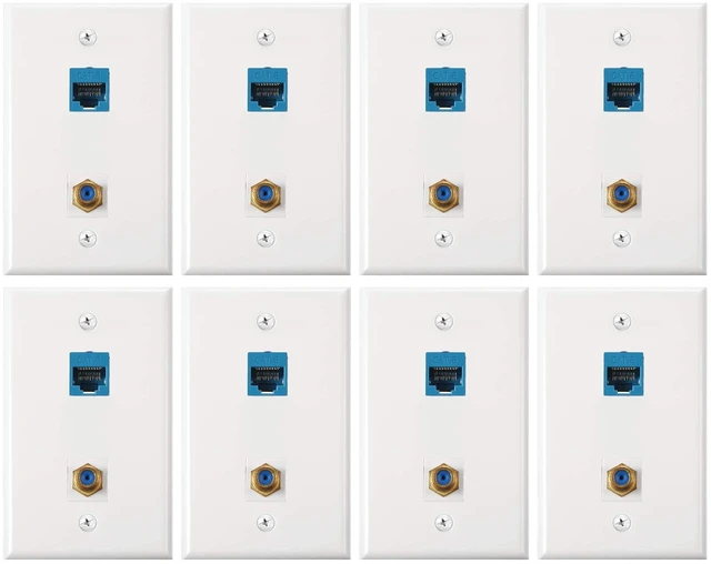 Main image of 8 Pieces Cat6 Ethernet Coax Wall Plate, F-Type Port, Blue 2 Port Keystone Jack Wall Plate, with Ethernet Port and Gold-plated TV Coax
