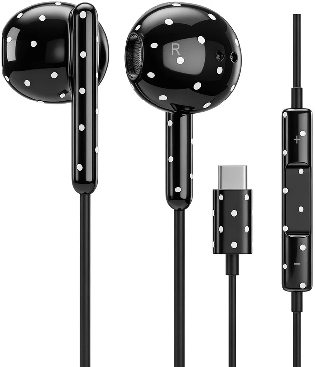 Main image of USB C Headphones Wired Earbuds for iPhone 18/17/16/15 Pro Max,Black Cute Polka Dot USB C Earphones Girly, Type C Wired Headphones with Microphone Volume Control for iPad,Galaxy S26/S25 Ultra
