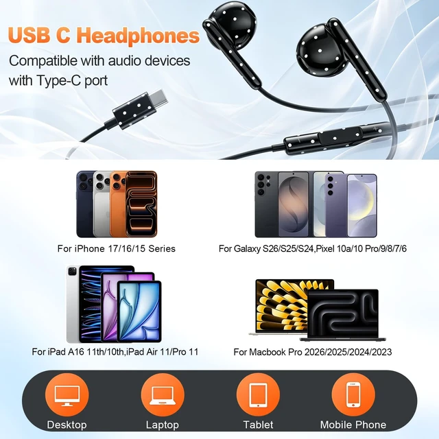 Alt view image 2 of 7 - USB C Headphones Wired Earbuds for iPhone 18/17/16/15 Pro Max,Black Cute Polka Dot USB C Earphones Girly, Type C Wired Headphones with Microphone Volume Control for iPad,Galaxy S26/S25 Ultra