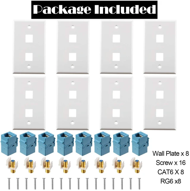 Alt view image 4 of 6 - 8 Pieces Cat6 Ethernet Coax Wall Plate, F-Type Port, Blue 2 Port Keystone Jack Wall Plate, with Ethernet Port and Gold-plated TV Coax