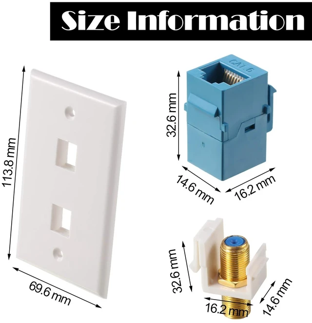 Alt view image 3 of 6 - 8 Pieces Cat6 Ethernet Coax Wall Plate, F-Type Port, Blue 2 Port Keystone Jack Wall Plate, with Ethernet Port and Gold-plated TV Coax