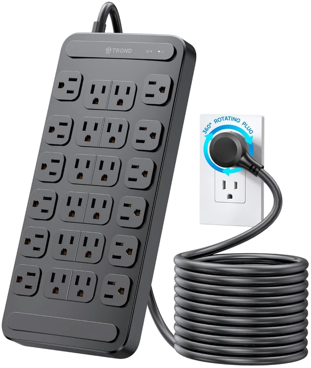 Main image of Large Surge Protector Power Strip with Multiple Outlets, 24 AC, 10ft 360 Roating Flat Plug, Heavy Duty Extension Cord, 4000J, ETL Listed, Wall Mount for Gaming Office Home Dorm Garage, Black