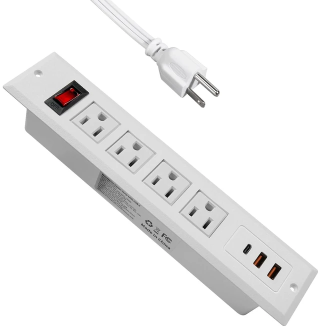 Main image of Recessed Power Strip Type C 20W PD Fast Charge Desk Power Outlet 4 Outlets 2 USB and 1 USB C Built in Furniture Extension Power Plug for Dorm Office (White)
