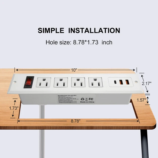 Alt view image 2 of 6 - Recessed Power Strip Type C 20W PD Fast Charge Desk Power Outlet 4 Outlets 2 USB and 1 USB C Built in Furniture Extension Power Plug for Dorm Office (White)