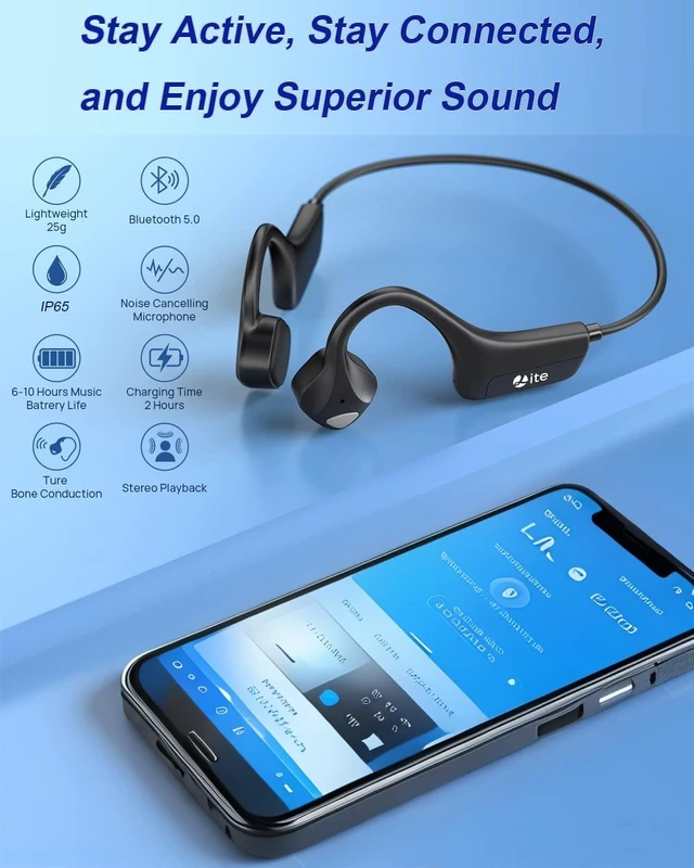 Alt view image 2 of 7 - Bone Conduction Headphones Open-Ear Bluetooth 5.0, IP65 Waterproof Wireless Sport Headset with 8H Playtime, Secure Fit for Running/Cycling/Gym, HD Audio w/Mic (2025 Upgraded)