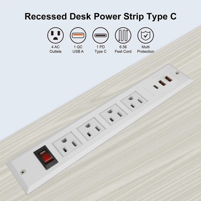 Alt view image 3 of 6 - Recessed Power Strip Type C 20W PD Fast Charge Desk Power Outlet 4 Outlets 2 USB and 1 USB C Built in Furniture Extension Power Plug for Dorm Office (White)