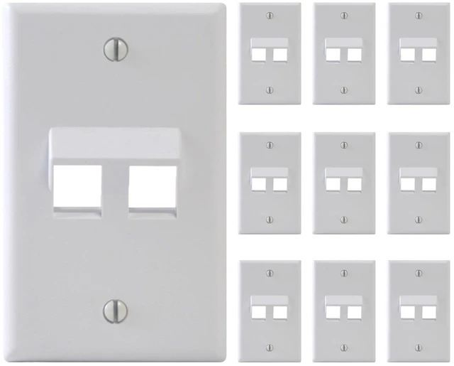 Main image of Angled 2-Port Keystone Wall Plate, RJ45 Modular Insert, White, 10-Pack UL Listed ABS plastic construction, single-gang fit, accepts compatible jacks, low-voltage outlet applications