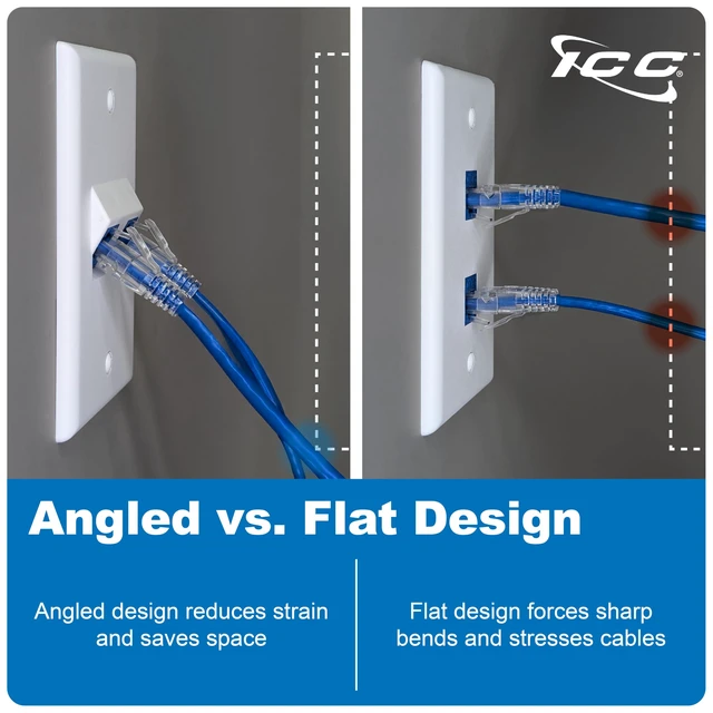 Alt view image 2 of 7 - Angled 2-Port Keystone Wall Plate, RJ45 Modular Insert, White, 10-Pack UL Listed ABS plastic construction, single-gang fit, accepts compatible jacks, low-voltage outlet applications