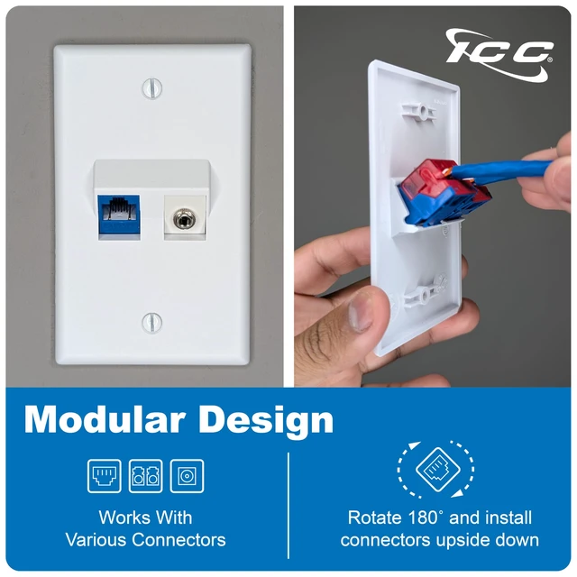 Alt view image 3 of 7 - Angled 2-Port Keystone Wall Plate, RJ45 Modular Insert, White, 10-Pack UL Listed ABS plastic construction, single-gang fit, accepts compatible jacks, low-voltage outlet applications