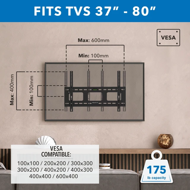 Alt view image 3 of 6 - Mount-It Low-Profile Tilting TV Wall Mount Bracket for 32-60 inch LCD, LED, OLED, 4K or Plasma Flat Screen TVs - 175 lbs Capacity, 1.5 Inch Profile, Max VESA 600x400 (MI-318B), Black, 60