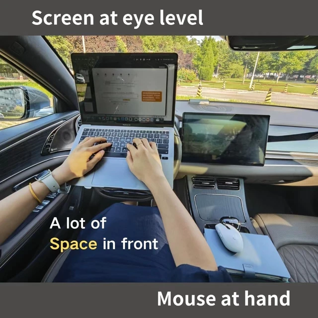 Alt view image 2 of 7 - 2-in-1 Steering Wheel & Desktop Laptop Mount, Height Adjustable Steering Wheel Laptop Tray for Car, Foldable Laptop Desk for Truck SUV Tesla, Portable Vehicle Workstation Table