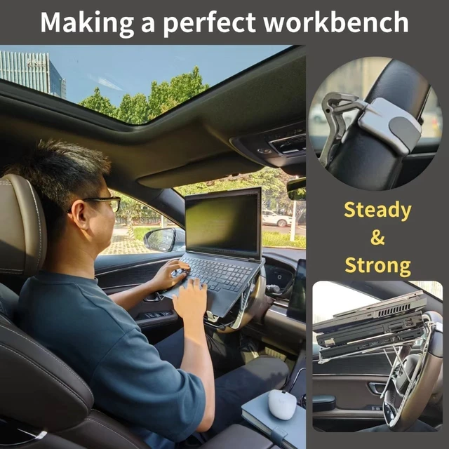 Alt view image 4 of 7 - 2-in-1 Steering Wheel & Desktop Laptop Mount, Height Adjustable Steering Wheel Laptop Tray for Car, Foldable Laptop Desk for Truck SUV Tesla, Portable Vehicle Workstation Table