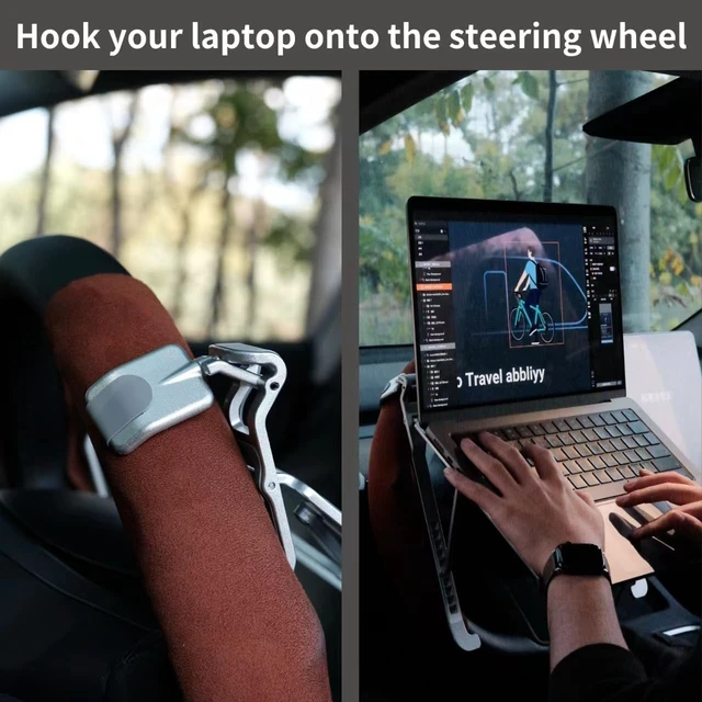 Alt view image 6 of 7 - 2-in-1 Steering Wheel & Desktop Laptop Mount, Height Adjustable Steering Wheel Laptop Tray for Car, Foldable Laptop Desk for Truck SUV Tesla, Portable Vehicle Workstation Table