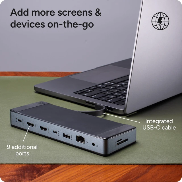 Alt view image 2 of 7 - 9-Port Hub 2 USB-C, 2 HDMI (4K 60Hz), 1 USB-A (10Gbps) Ethernet, Audio Jack, SD & MicroSD Card Readers - Multi-Device Connectivity for iPadOS, ChromeOS, Android, Windows