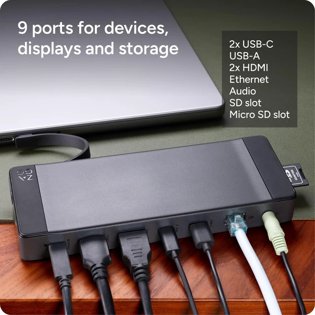 Alt view image 3 of 7 - 9-Port Hub 2 USB-C, 2 HDMI (4K 60Hz), 1 USB-A (10Gbps) Ethernet, Audio Jack, SD & MicroSD Card Readers - Multi-Device Connectivity for iPadOS, ChromeOS, Android, Windows