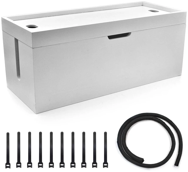 Main image of 15 Inch Bamboo Large Cable Management Box, White Cord Organizer Hides power strips & TV wires, No assembly required, desk storage for home & office