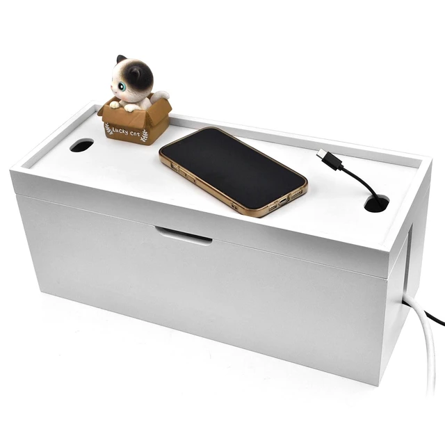 Alt view image 6 of 7 - 15 Inch Bamboo Large Cable Management Box, White Cord Organizer Hides power strips & TV wires, No assembly required, desk storage for home & office